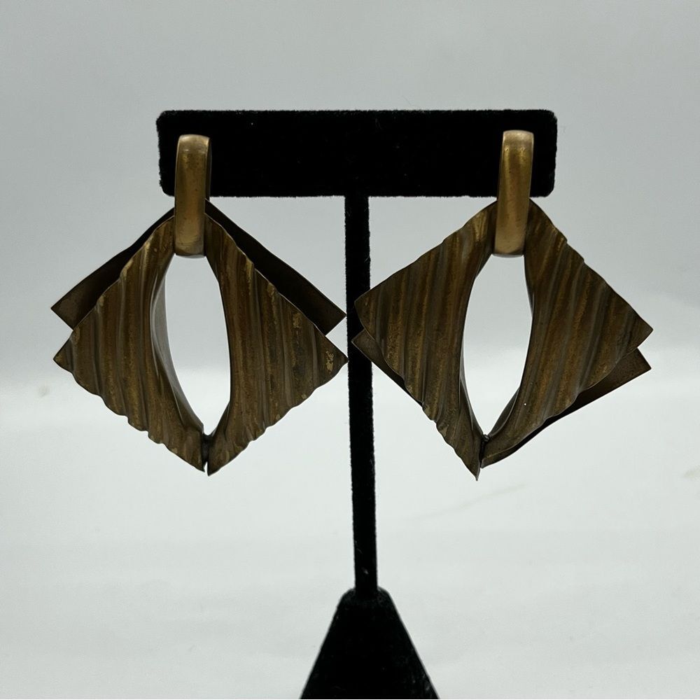 Woman’s Gold tone brass two layer Geometric mid century modern Art Deco Earrings